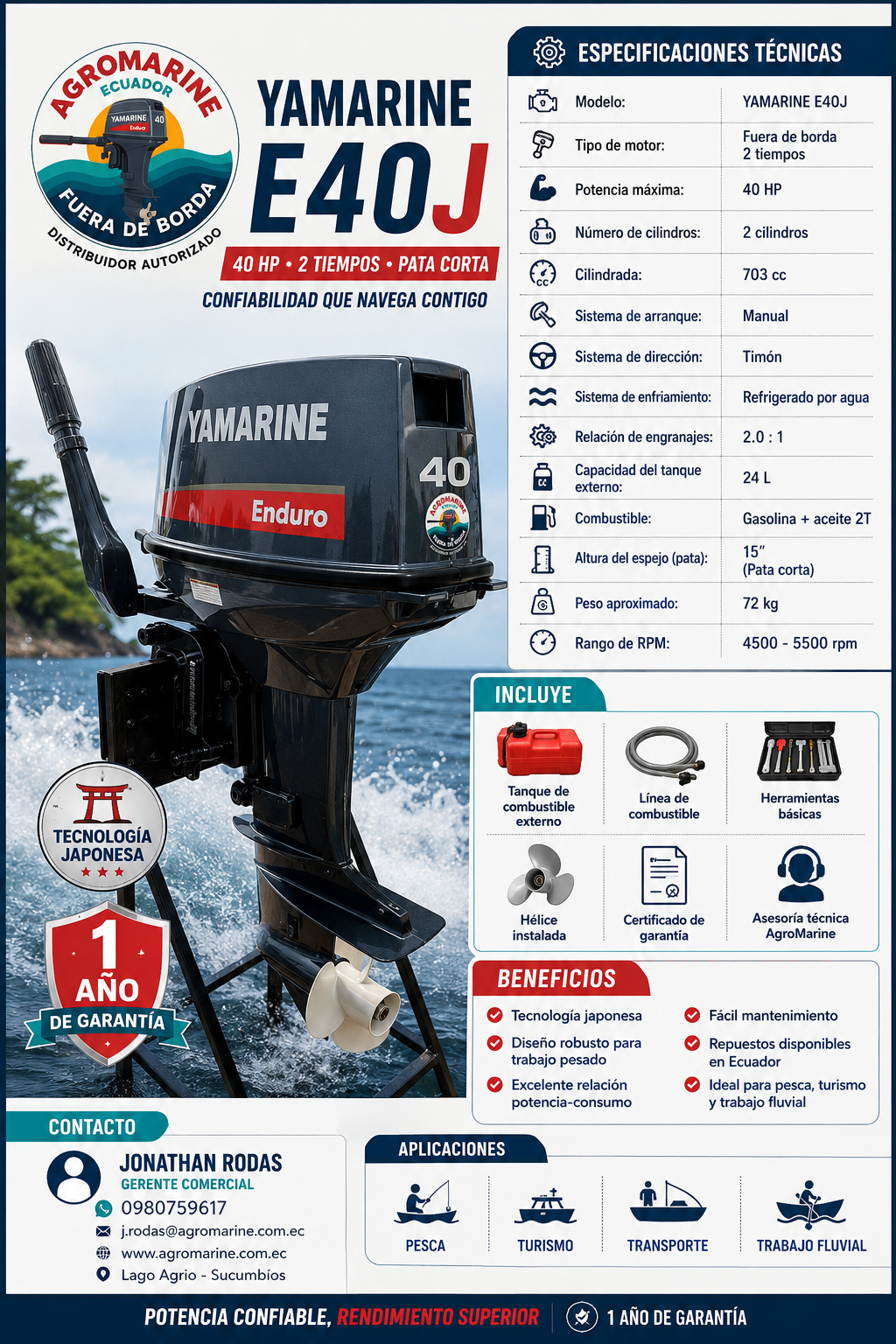 Yamarine E40J 40HP 2 Tiempos Pata Corta | Tecnología Japonesa